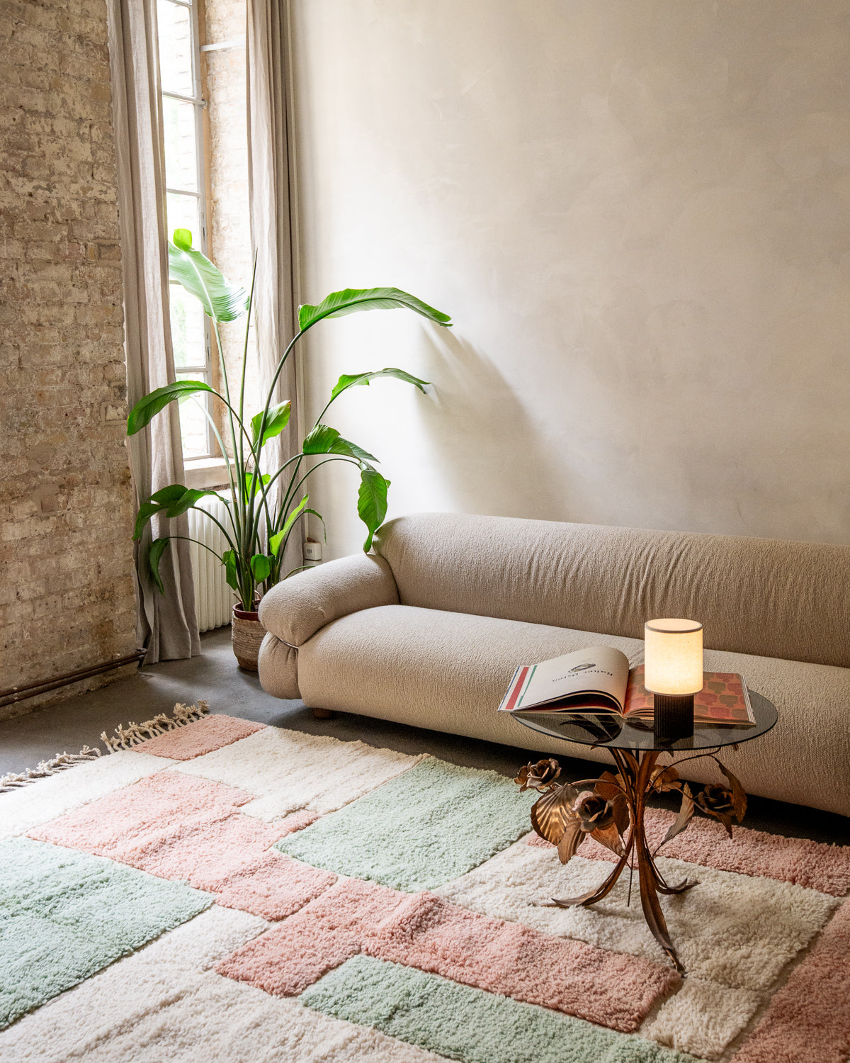Modern, designer, handcrafted Berber rug from Morocco. Beniourain carpet with beautiful colours and patterns and fluffy wool texture.